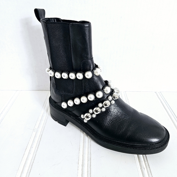 Zara Black Leather Pearl Strap Block Heel Ankle Boots Womens Size 36 - Picture 1 of 15